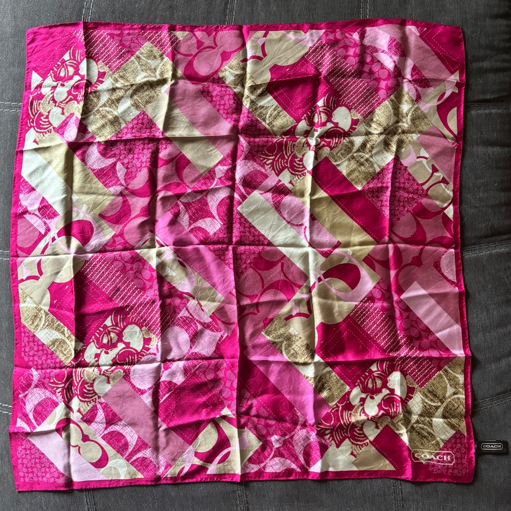 100% Silk hand rolled COACH monogram scarf (pink and tan)